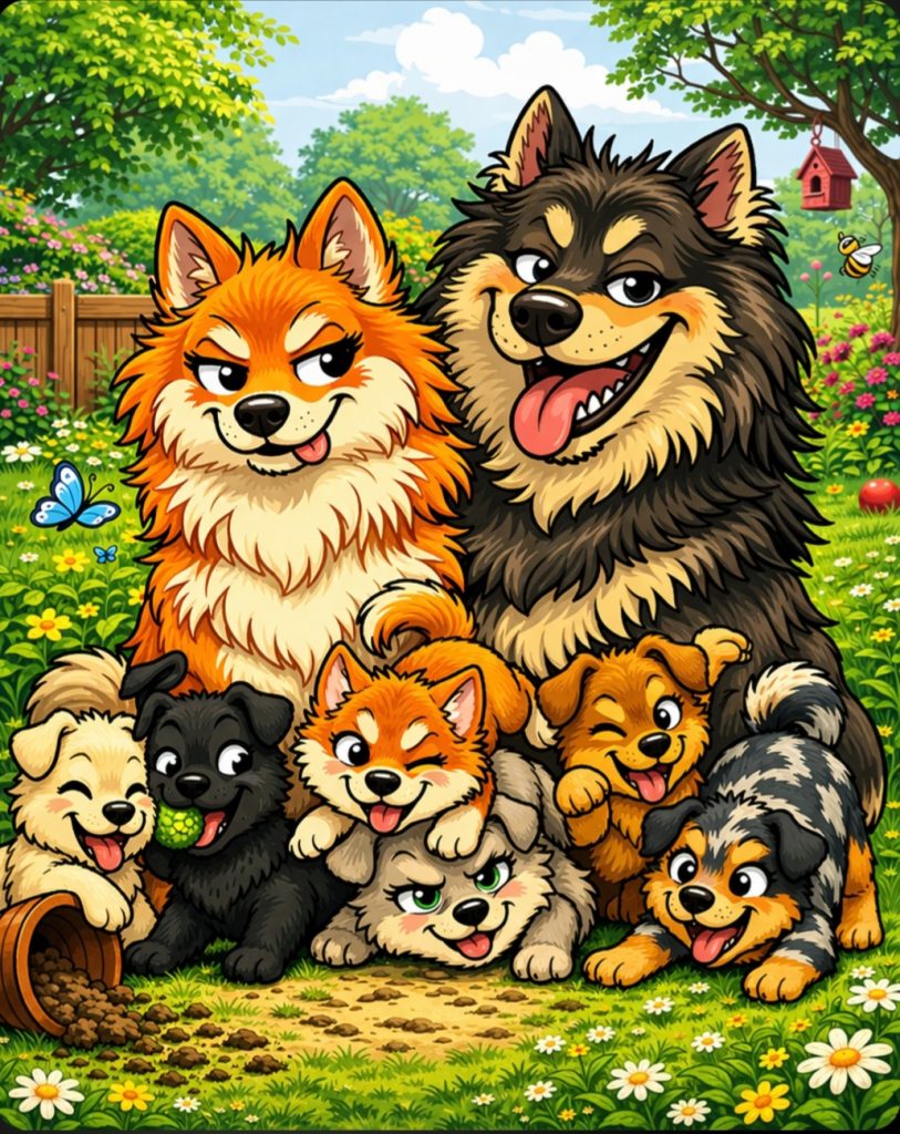 Karrikatur von Buko, Fenya und den Welpen